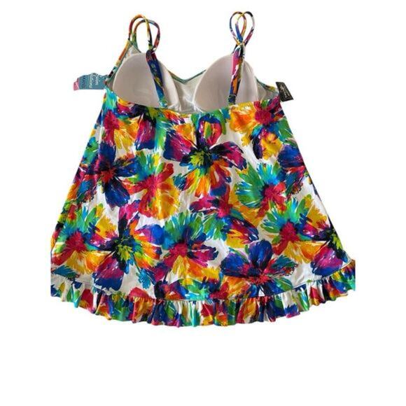 Swim Solutions Colorful Floral High-Low Tankini Swim‎ Top Size 14 NWT - Picture 2 of 4